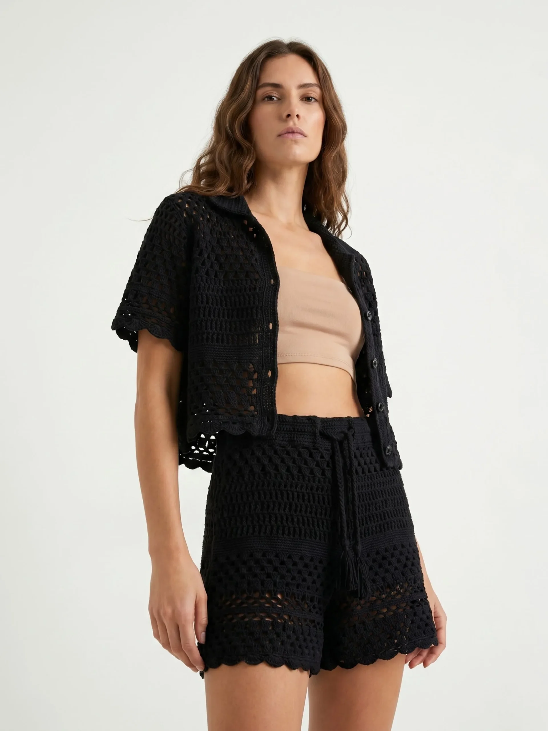 Button-Front Crochet Shirt — Black - Görsel 13