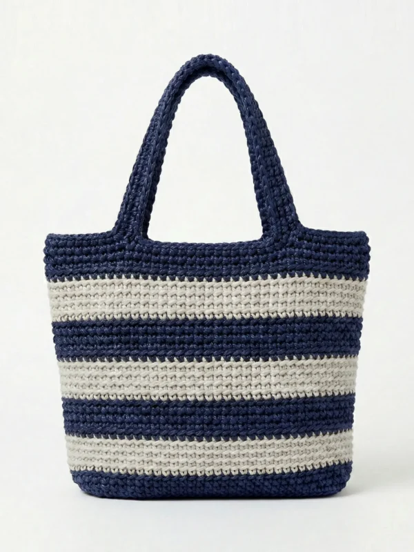 Navy & Off-White Striped Macramé Tote