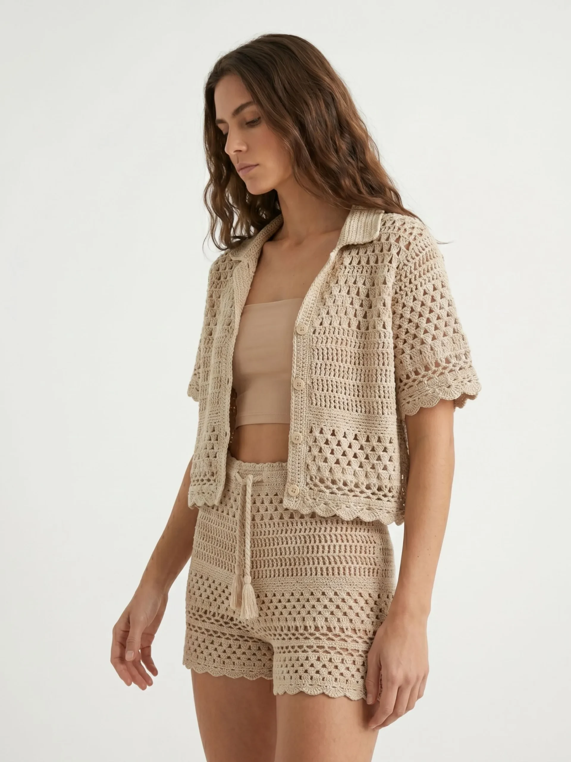 Drawstring Crochet Shorts — Beige - Image 7