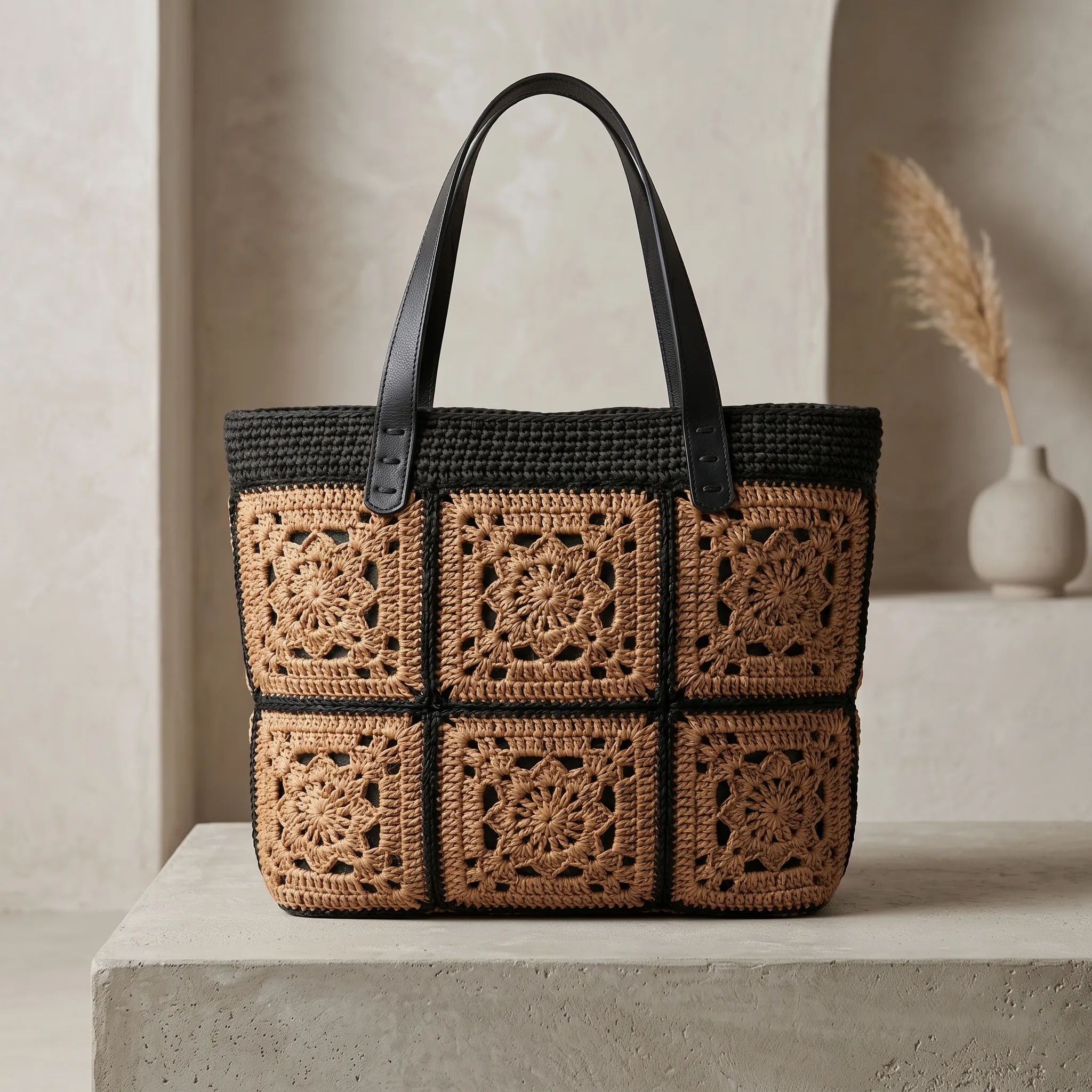 Handmade Crochet Raffia Motif Tote Bag