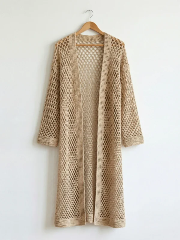 Open-Knit Long Crochet Kimono — Beige