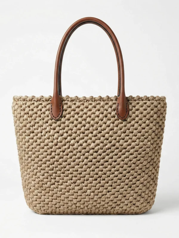 Beige Macramé Tote with Tan Leather Accents