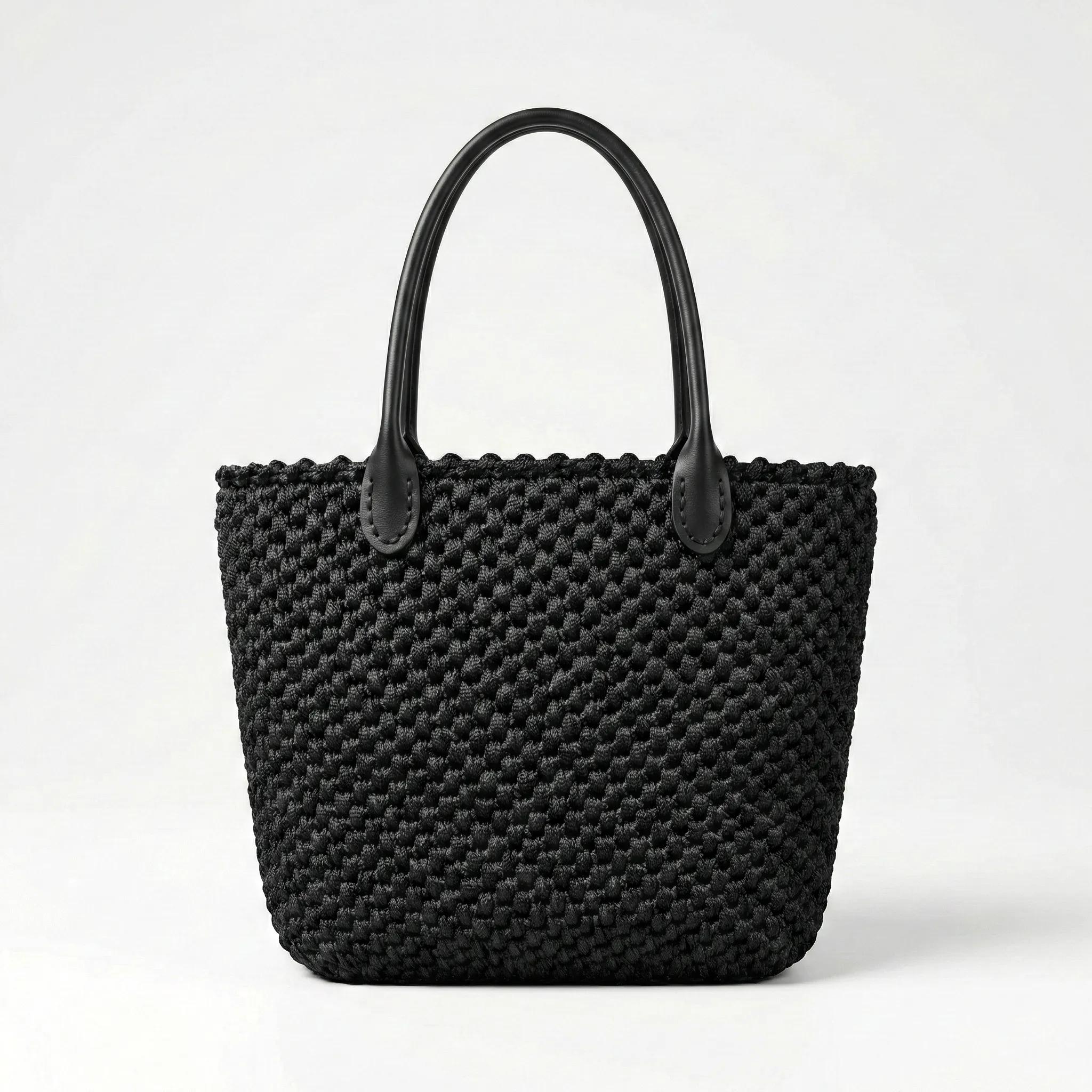 Black Macramé Tote with Leather Accents