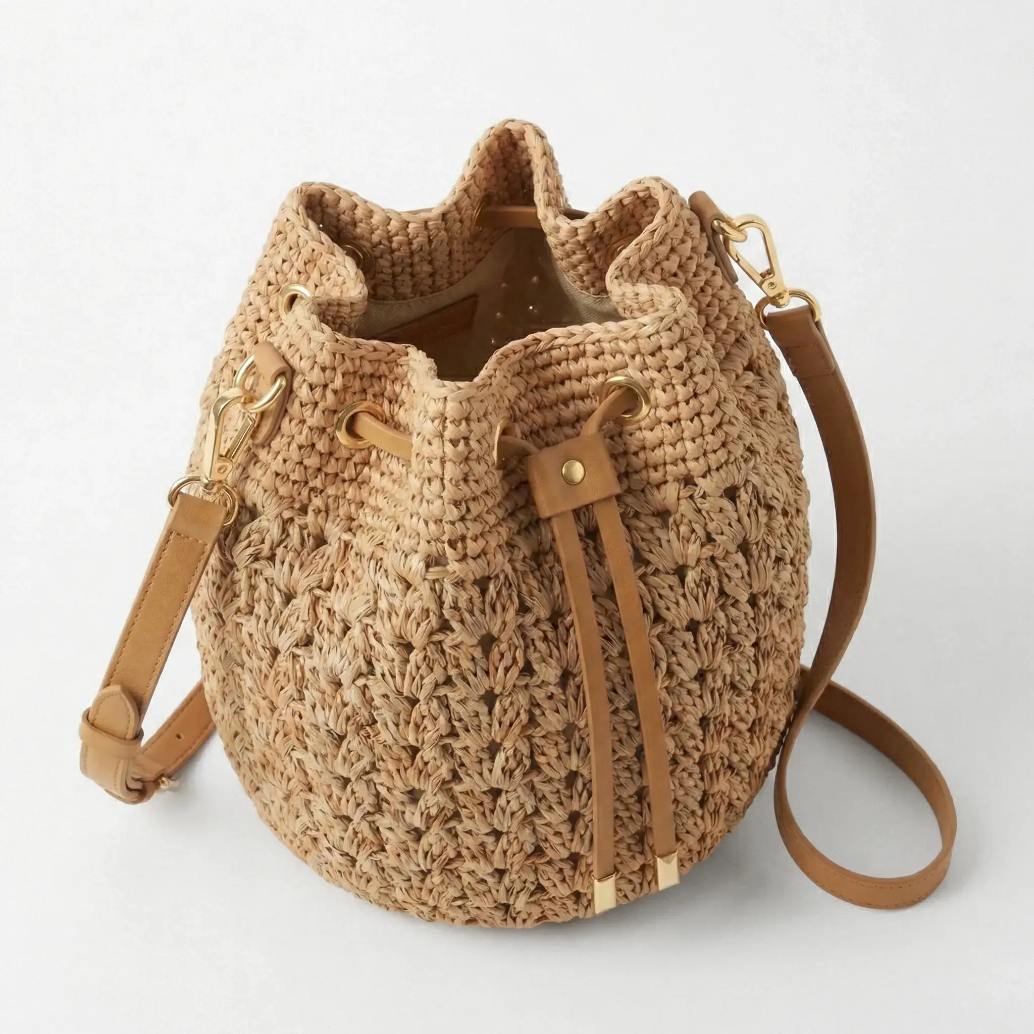 Handmade Textured Crochet Raffia Bucket Bag - Image 5