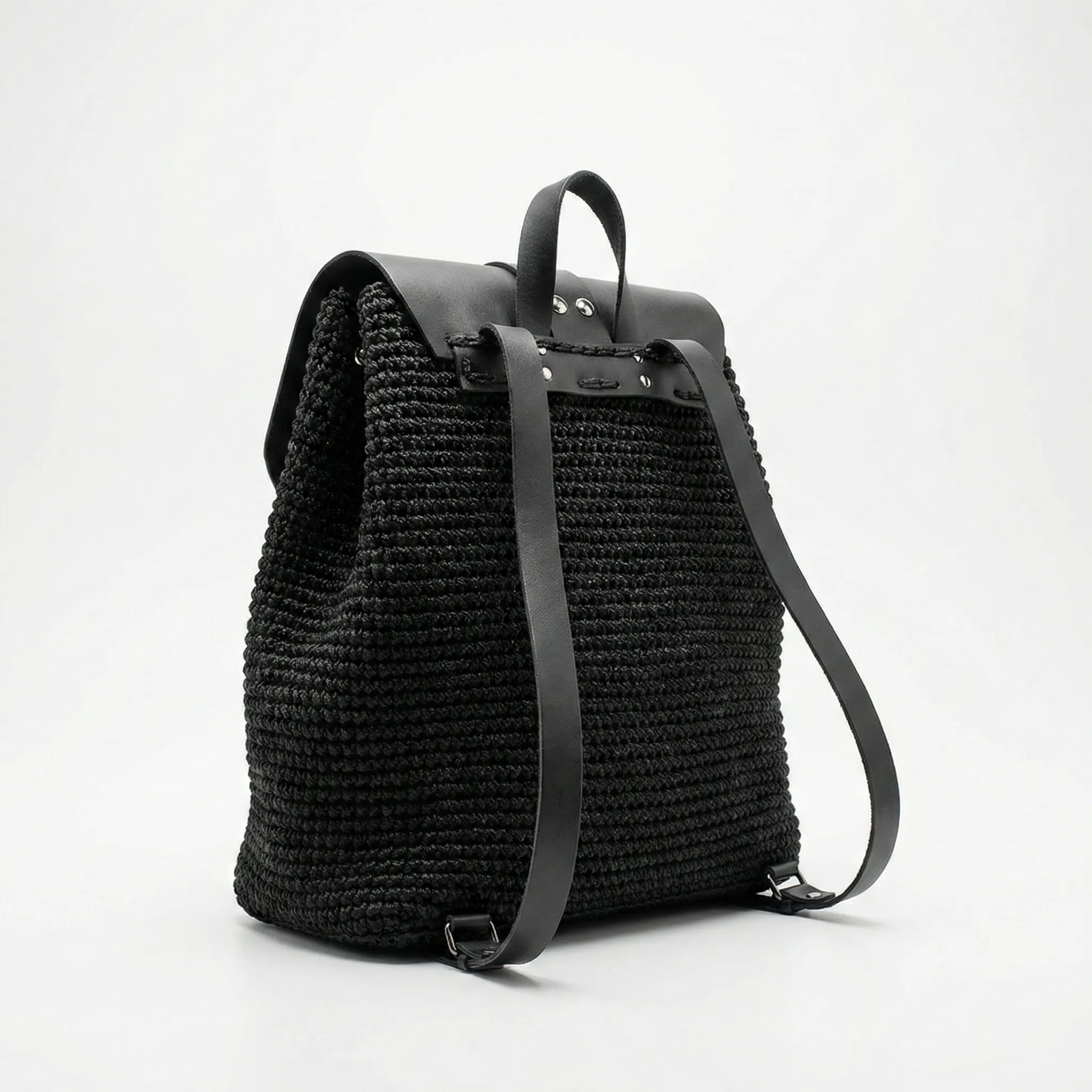 Black Macramé Backpack with Leather Flap - Image 2