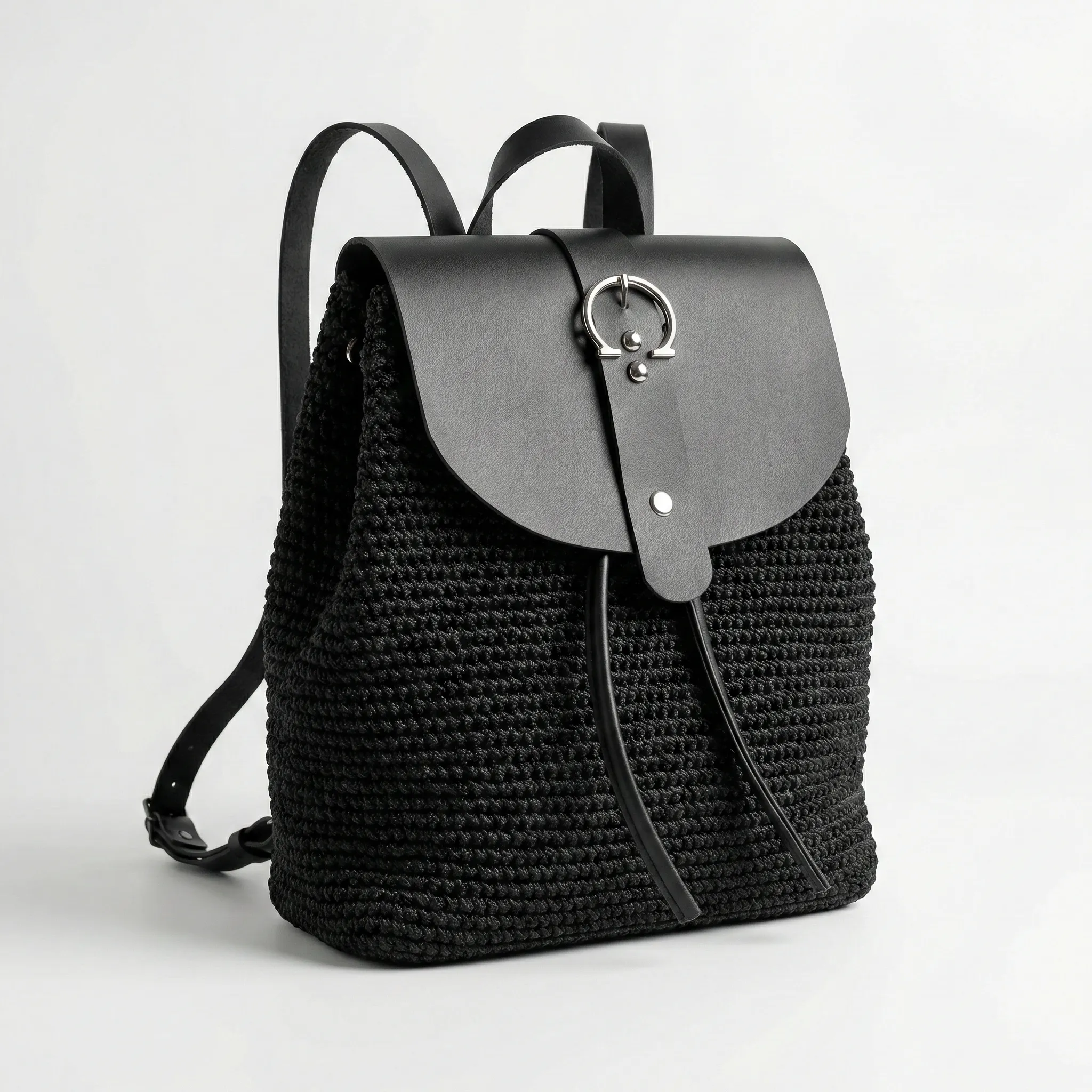 Black Macramé Backpack with Leather Flap - Image 5