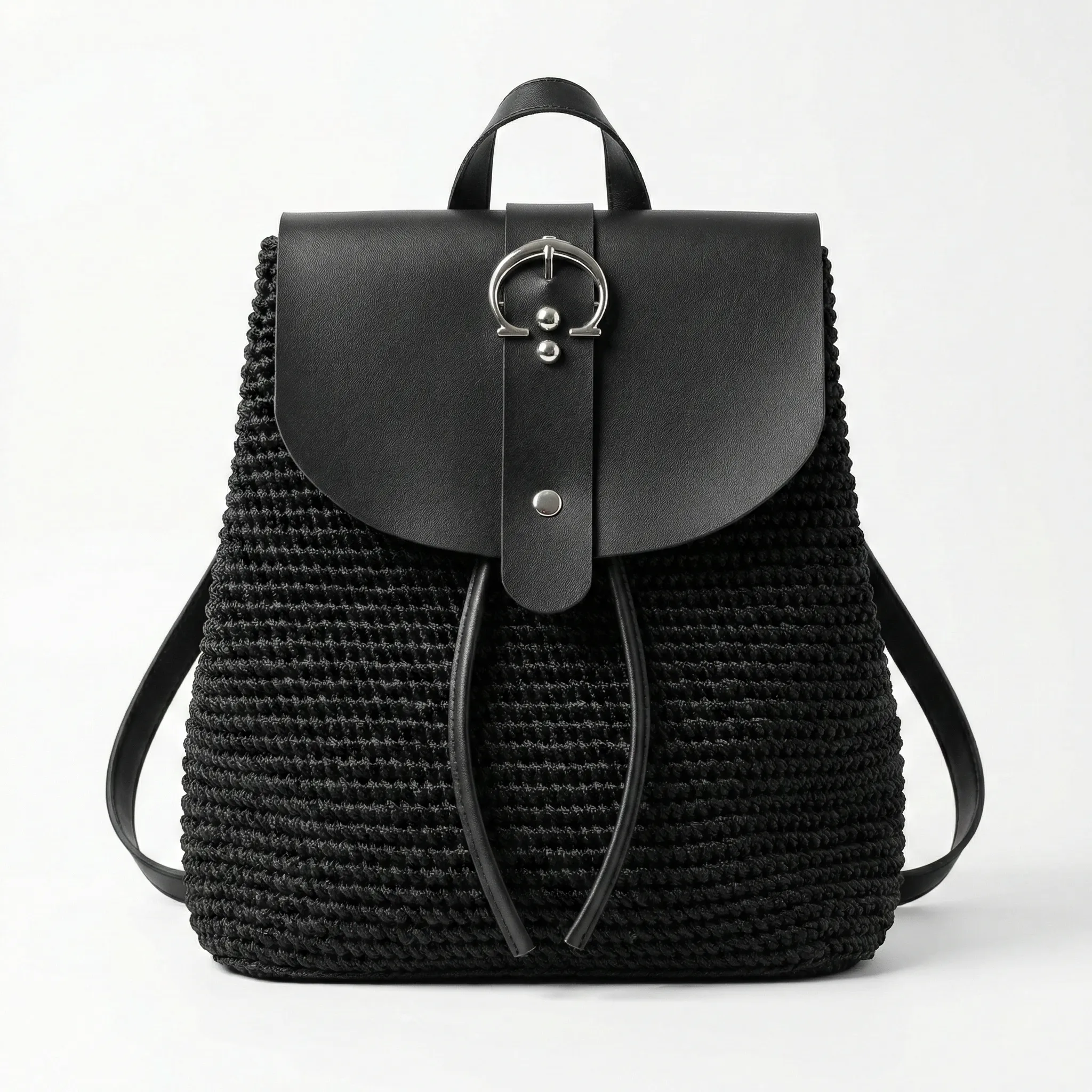 Black Macramé Backpack with Leather Flap