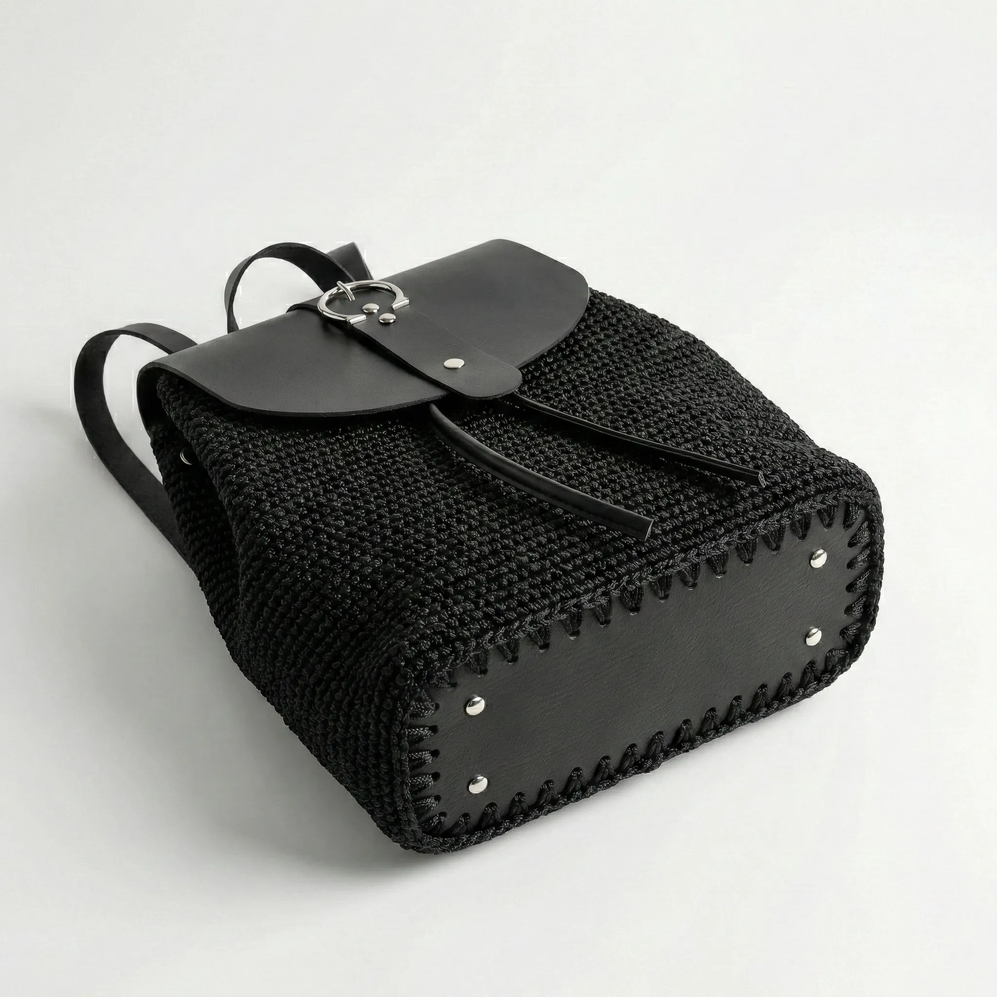 Black Macramé Backpack with Leather Flap - Image 6