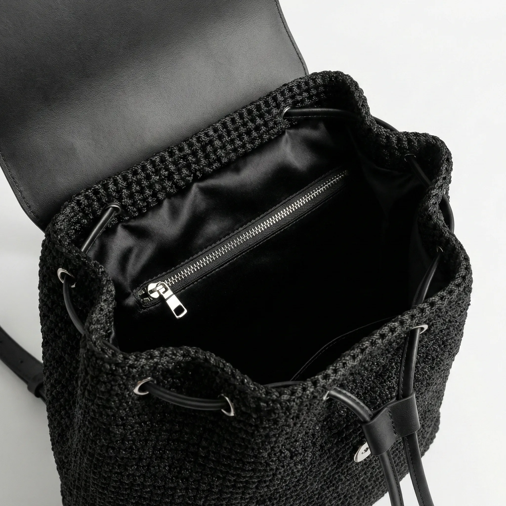 Black Macramé Backpack with Leather Flap - Image 3