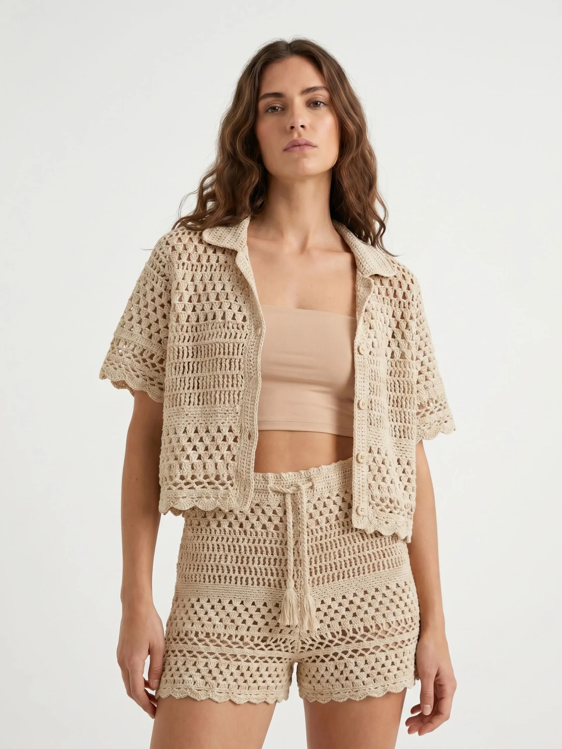 Drawstring Crochet Shorts — Beige - Image 9